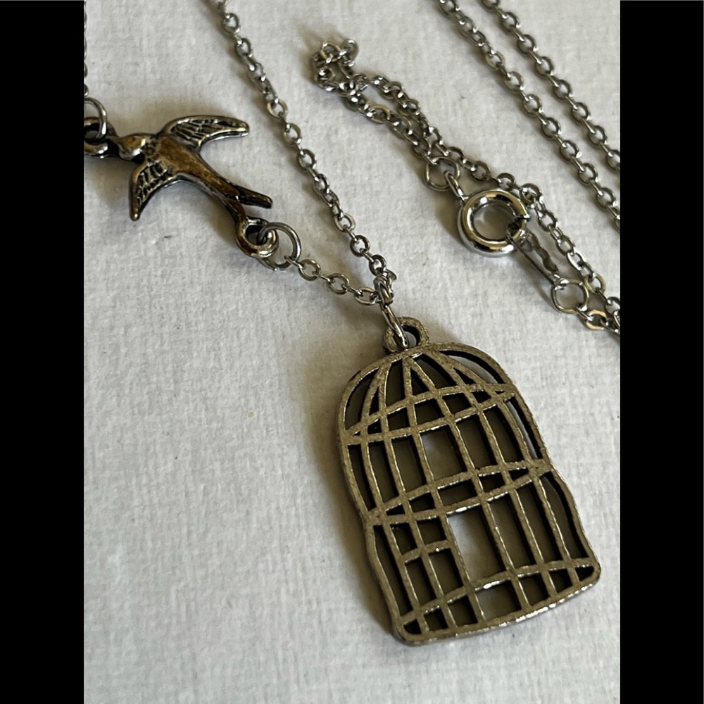 Silver tone necklace Free Bird Cage Romantic charm unique boho finch parakeet ?
